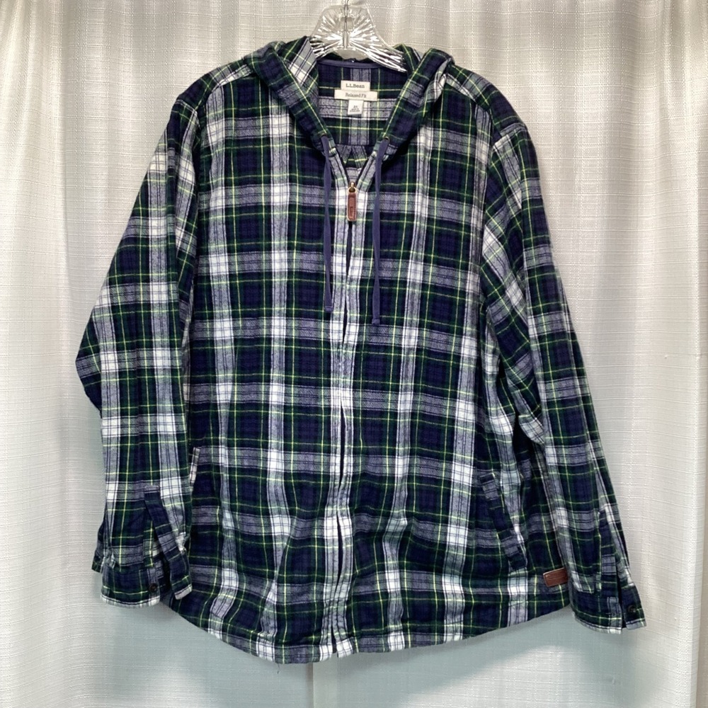 LL Bean Relaxed Fit Plaid Flannel Full Zip Hoodie Green Blue White 2X Gorpcore